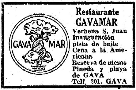 Anunci de la revetlla de Sant Joan del Restaurant Gavamar de Gav� Mar publicat al diari LA VANGUARDIA (22 de Juny de 1955)